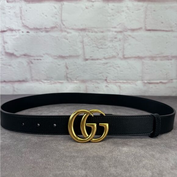 Gucci Slim Leather Marmont Gg Double Belt Black 80/32” 414516 - Picture 1 of 10
